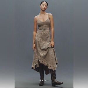 Mare Mare Ruffle Hem Slip Dress Brown Plaid Anthropologie BNWT small